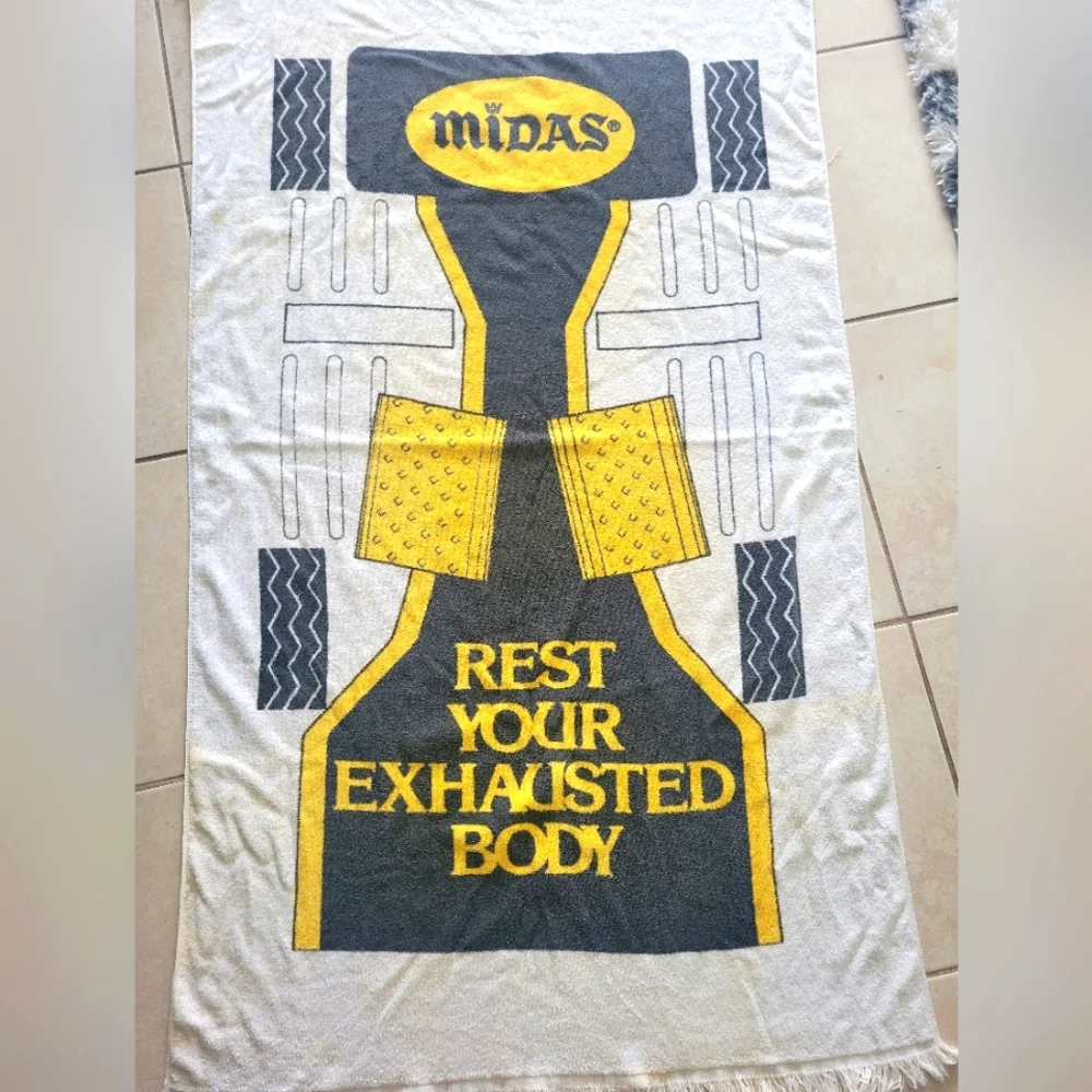 Vintage Midas Beach Towel Cars Muffler Promo 80s Cotton Racing Tires Advertising